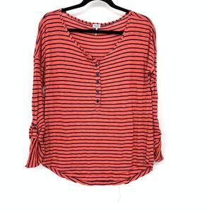 Splendid Womens Top Medium Orange Striped Henley 3/4 Sleeve Casual USA